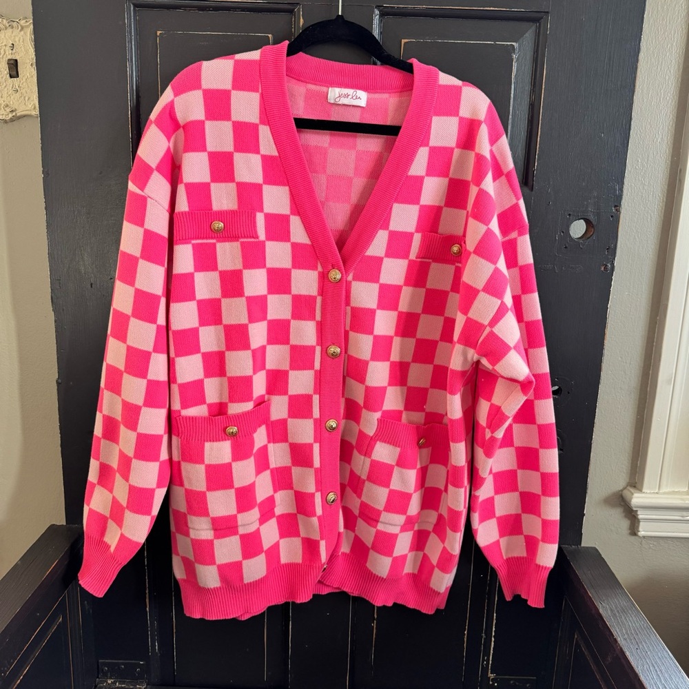 Jess Lea hot pink checkered blazer. Gold buttons!